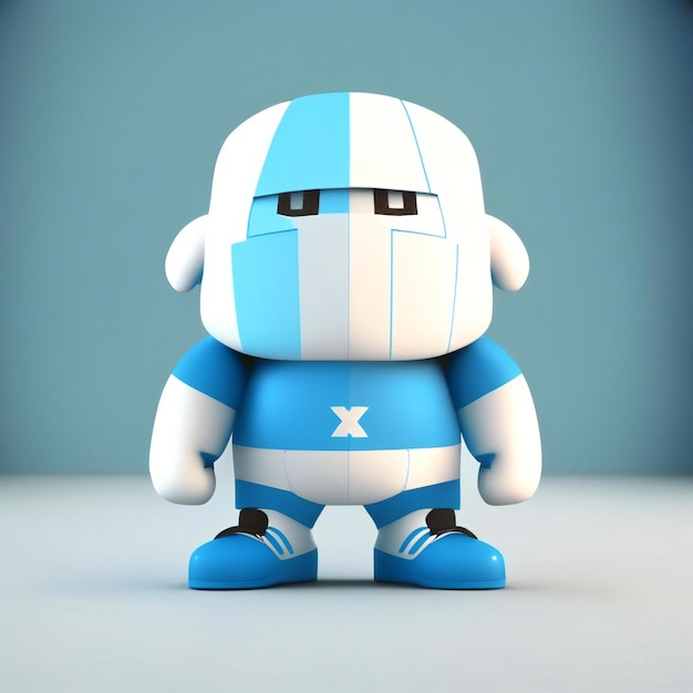 a blue robot with a white x on his chest