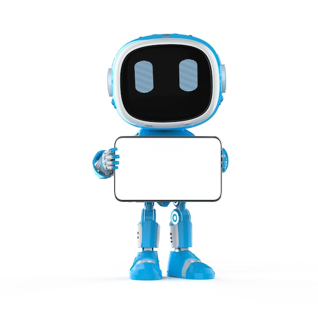 빈 화면 태블릿이 있는 파란색 로봇 조수 또는 인공 지능 로봇