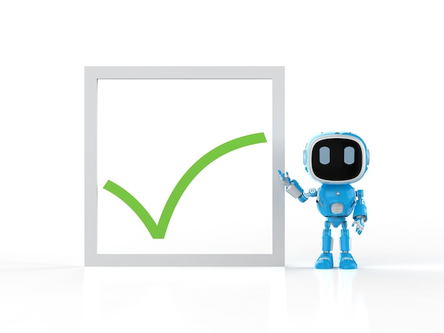 Blue robotic assistant or artificial intelligence robot with green check mark