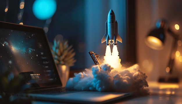 데스크 스타트업 컨셉에서 노트북에서 파란 로켓이 이륙합니다.