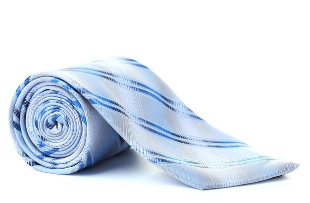 Blue rolled tie isolated on white