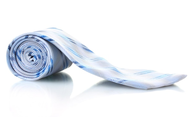 白い上に分離された青い巻かれたネクタイ