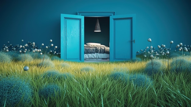 A blue room with a bed and a blue door that says " bed ".