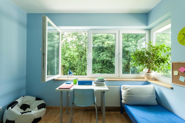 A blue room with a bed and a desk with a blue pillow and a blue pillow.