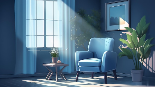 A blue room with a blue chair and a plant on the table.