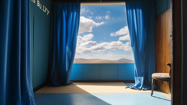 A blue room with a blue curtain that says " blue " on it.