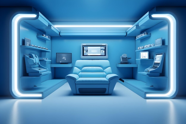 A blue room with a blue sofa and a shelf with a monitor on it.