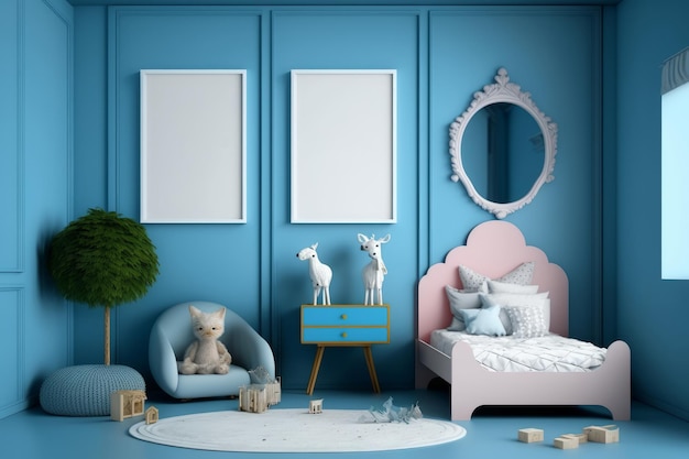 Photo a blue room with a blue and white bedroom and a blue bed with a white bear on it.