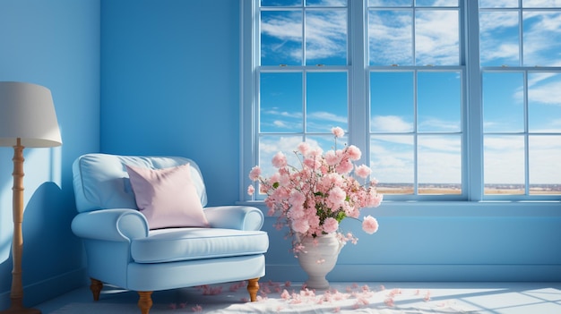 A blue room with a chair