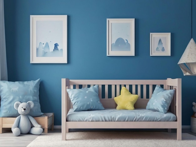 голубая комната с диваном и некоторыми картинами на стене