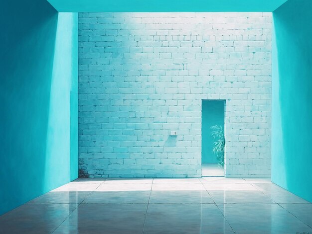 A blue room with a door that is open to the sun