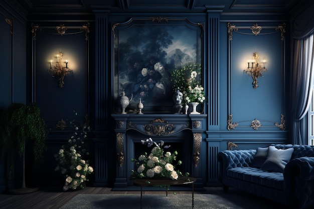 A blue room with a fireplace