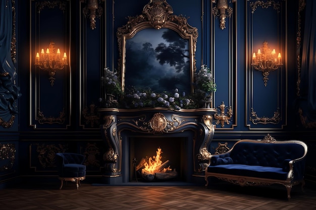 A blue room with a fireplace