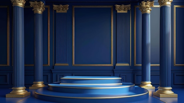 Blue Room With Gold Columns and Blue Carpet