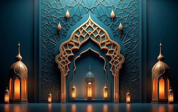 A blue room with a lantern and a mosque in the background