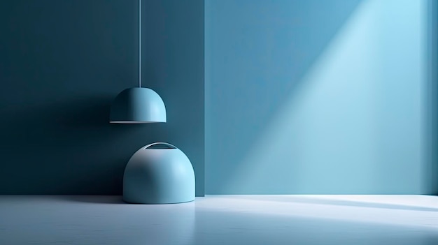 A blue room with a light coming through the window.