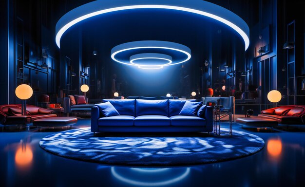 a blue room with lots of lights