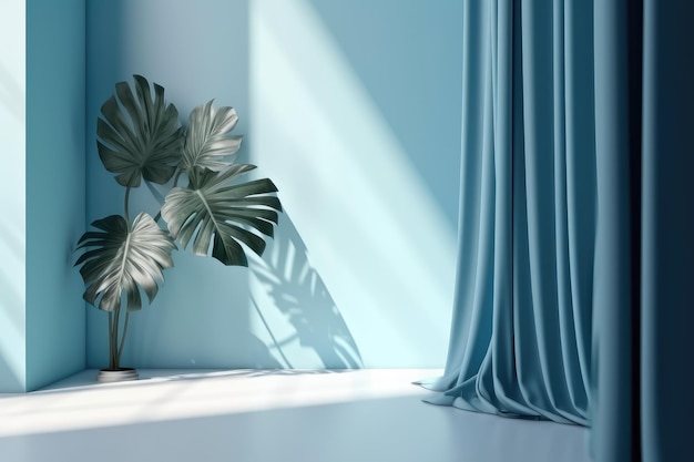 A blue room with a plant and a window