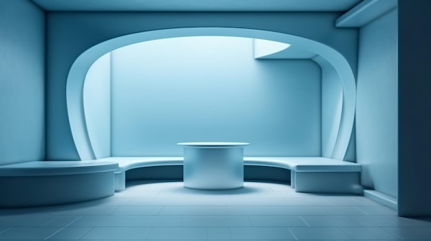 A blue room with a round table and a round table.