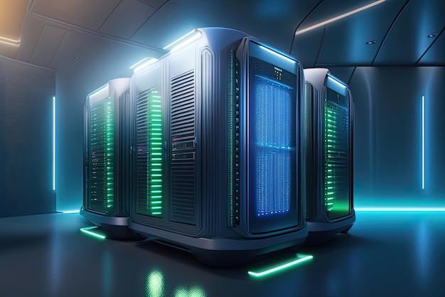 A blue room with a row of servers with green lights.