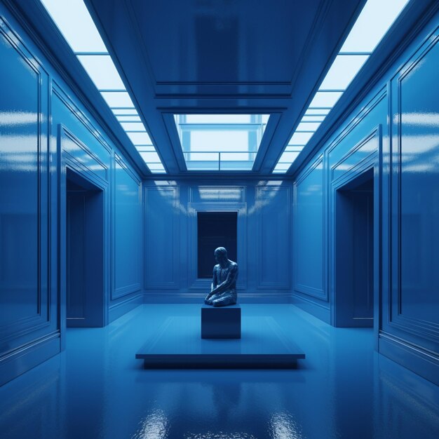 A blue room with a statue in the middle of it