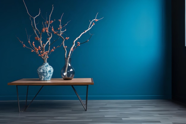 A blue room with a vase of branches on a table.