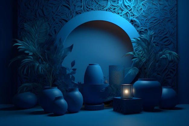 A blue room with a vase and pots