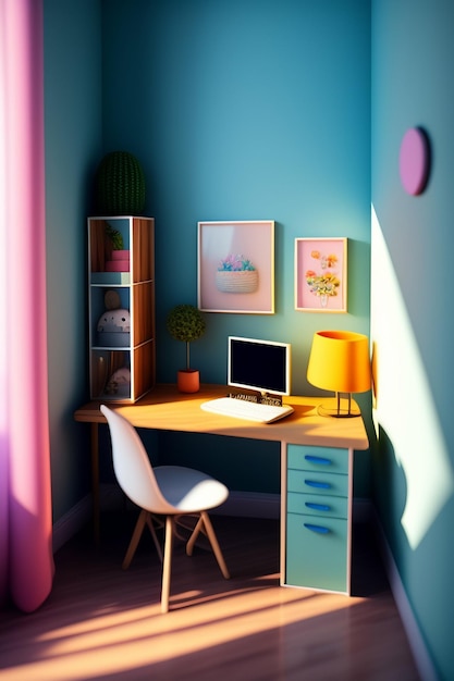 A blue room with a white chair and a white chair in front of a shelf with a plant on it.