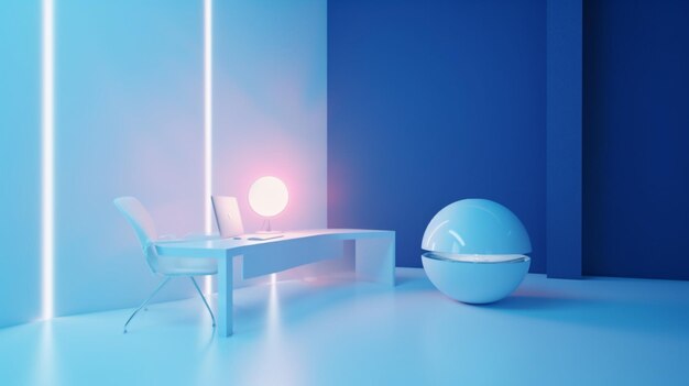 青い部屋に白い机と丸いボール。