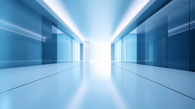 A blue room with a white floor and a light coming through the window.