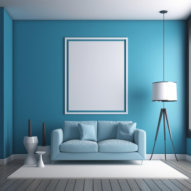 A blue room with a white frame and a couch with a blue couch and a lamp on it.