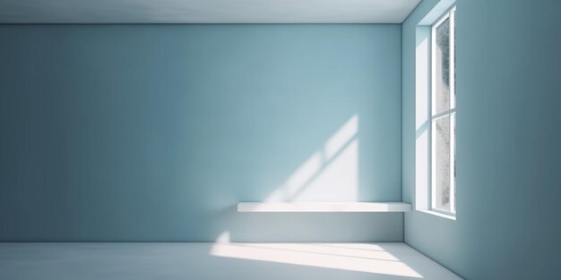 A blue room with a window and a bench