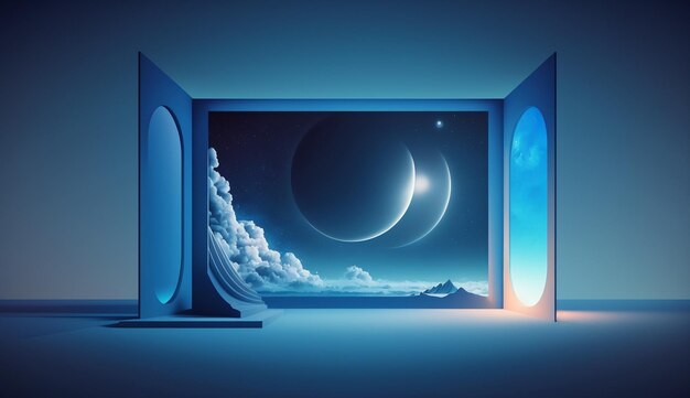 A blue room with a window and a planet in the middle.