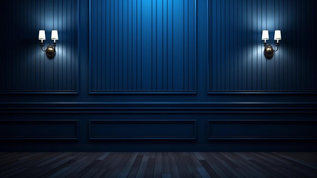 синяя комната с деревянным полом и синей стеной