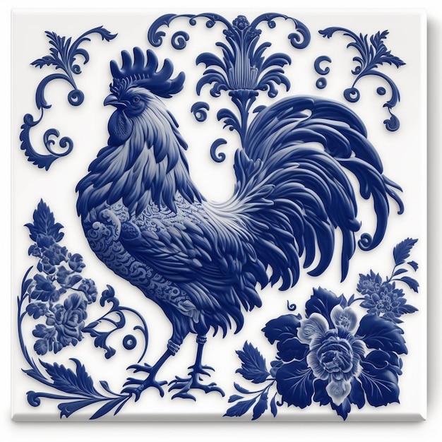 A blue rooster with flowers and a rooster on it.