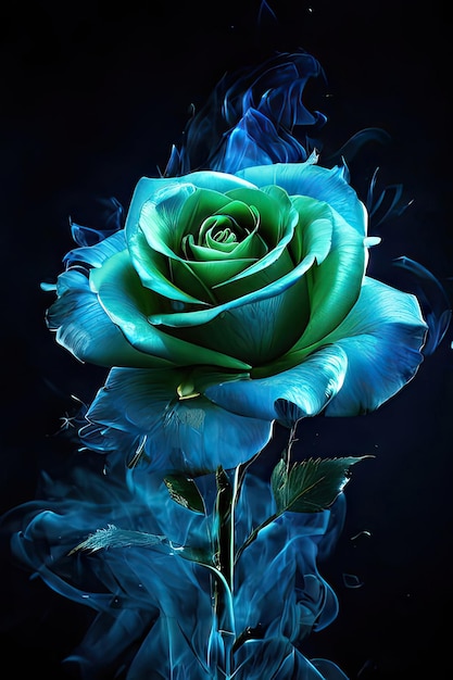 Blue rose on a black background with blue smoke Design element