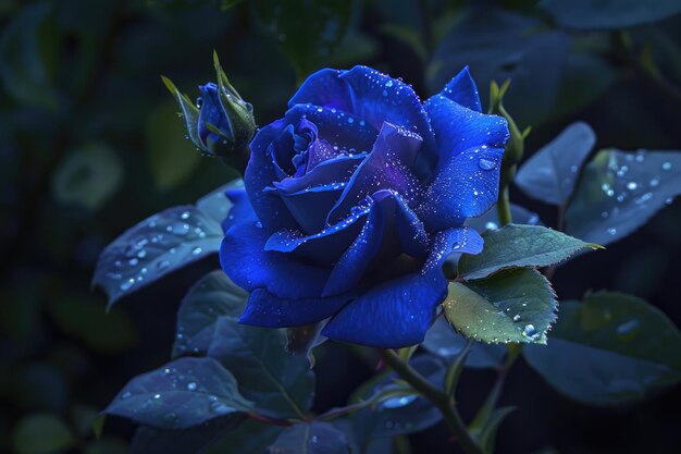 A blue rose in full bloom at night bathed in moonlight with dewdrops clinging to its velvety petals