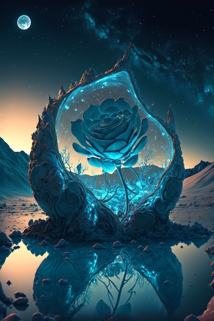 Blue rose sitting on top of a pile of rocks generative ai