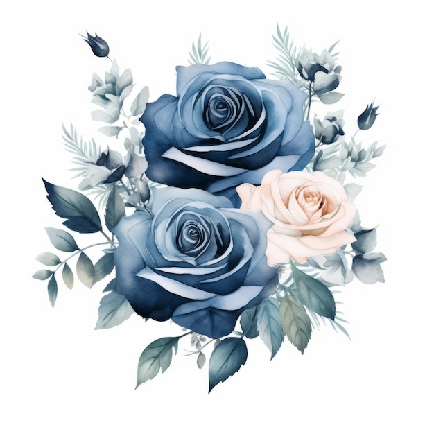 Blue Rose Watercolor Clipart With Symmetrical Arrangements