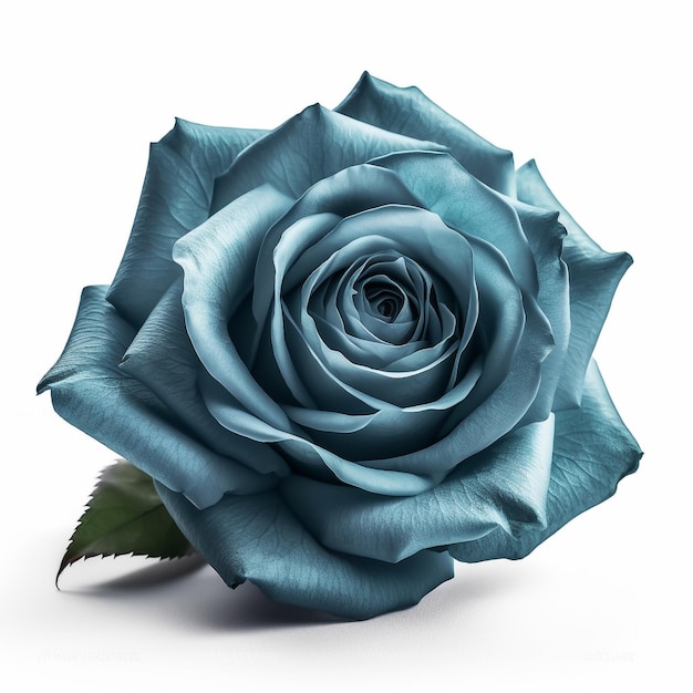 A blue rose with a green leaf on it