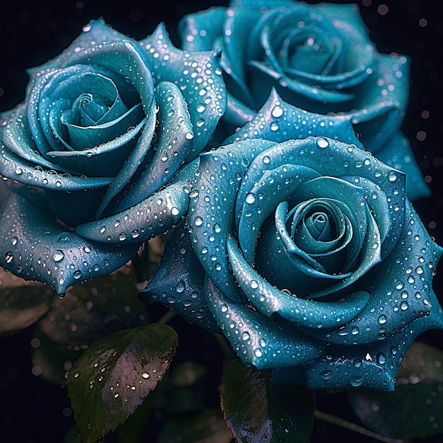 Голубая роза с каплями воды на ней
