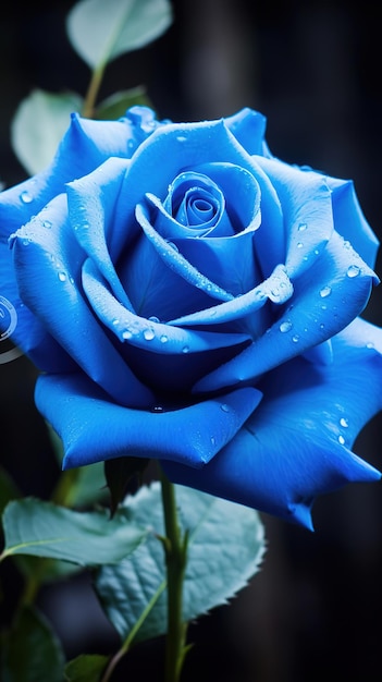 a blue rose with water drops on it