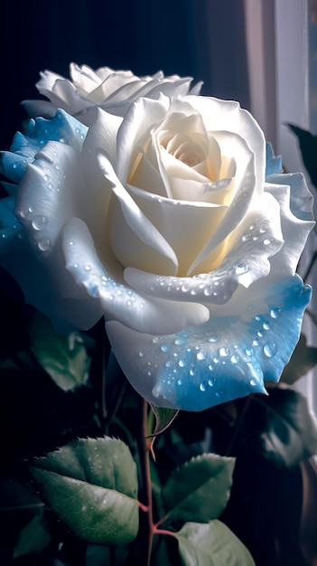 A blue rose with water drops on it