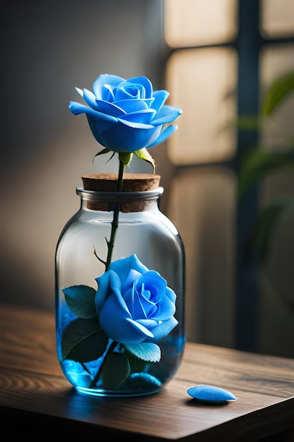 Blue roses in a bottle with water