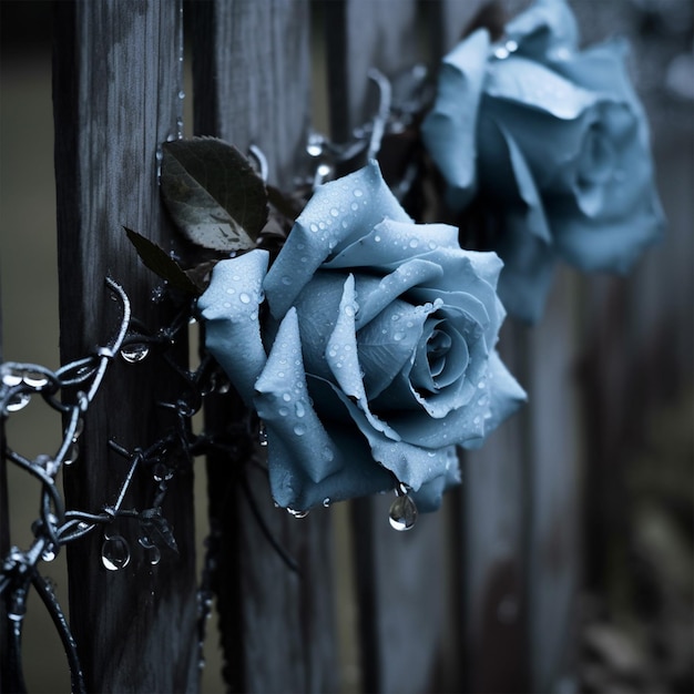 Blue Roses on Fence Drop Dripping Rain Water