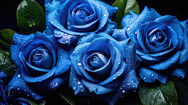 Blue Roses flowers with drops background Closeup of blossom with glistening droplets Generative AI