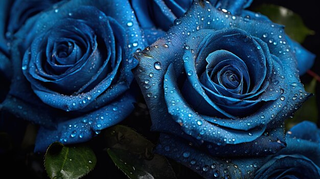 Blue Roses flowers with drops background Closeup of blossom with glistening droplets Generative AI