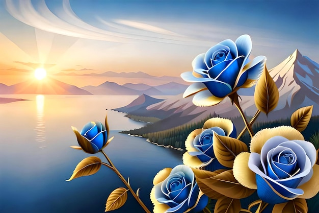 blue roses in the mountains with a sunset