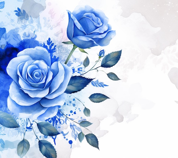 Blue roses with leaves on a white background