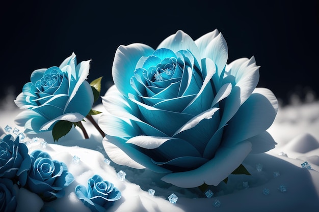 Blue roses with the word love on the bottom